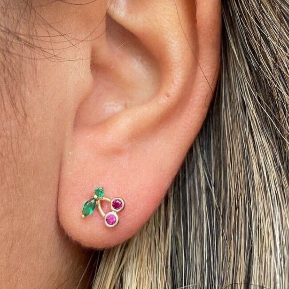 14k Solid Gold Cherry Shaped Screw Back Stud Earr… - image 2